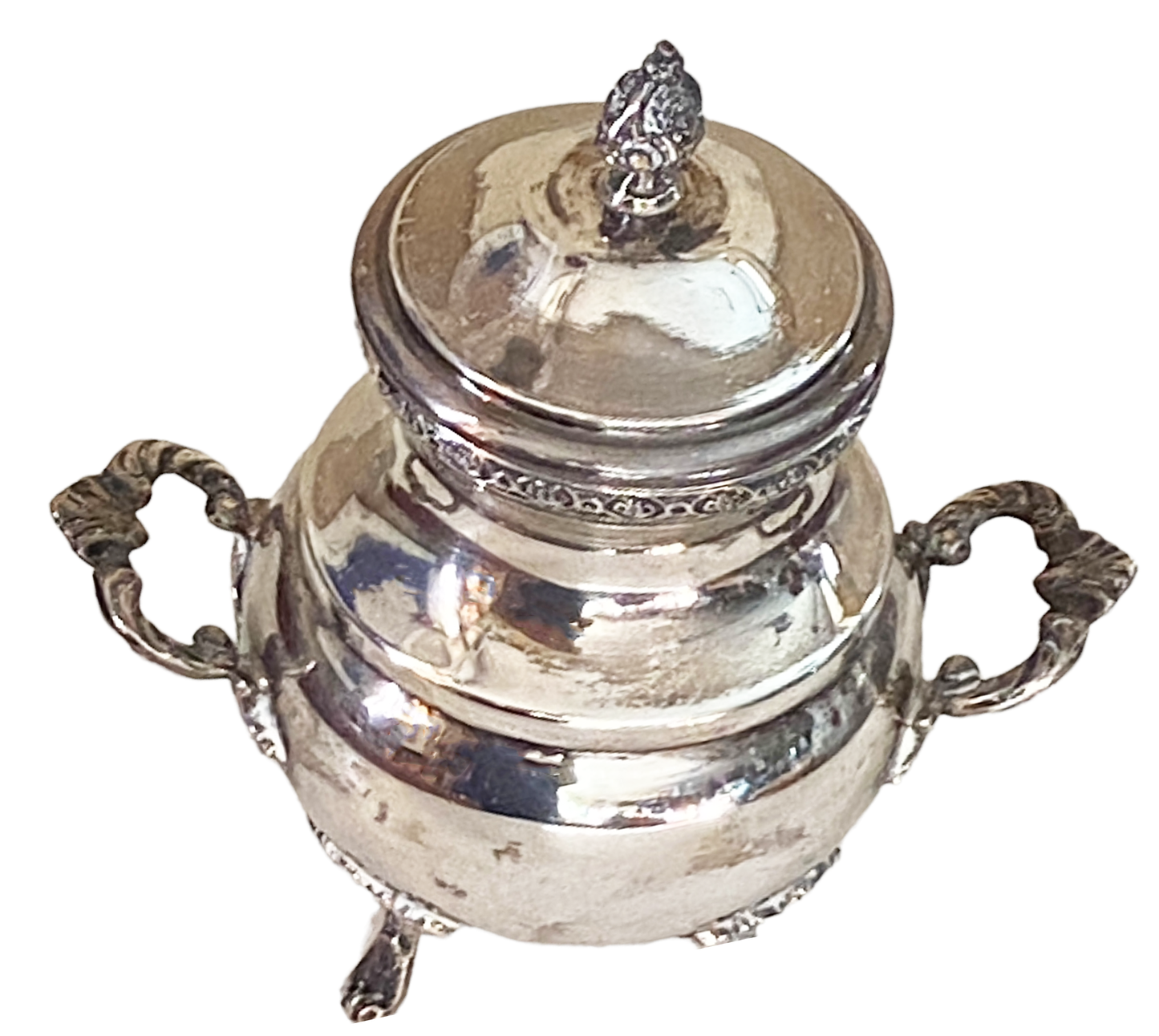 #3666 Egyptian English Style  Silver  Lidded Sugar Bowl 6.25" H