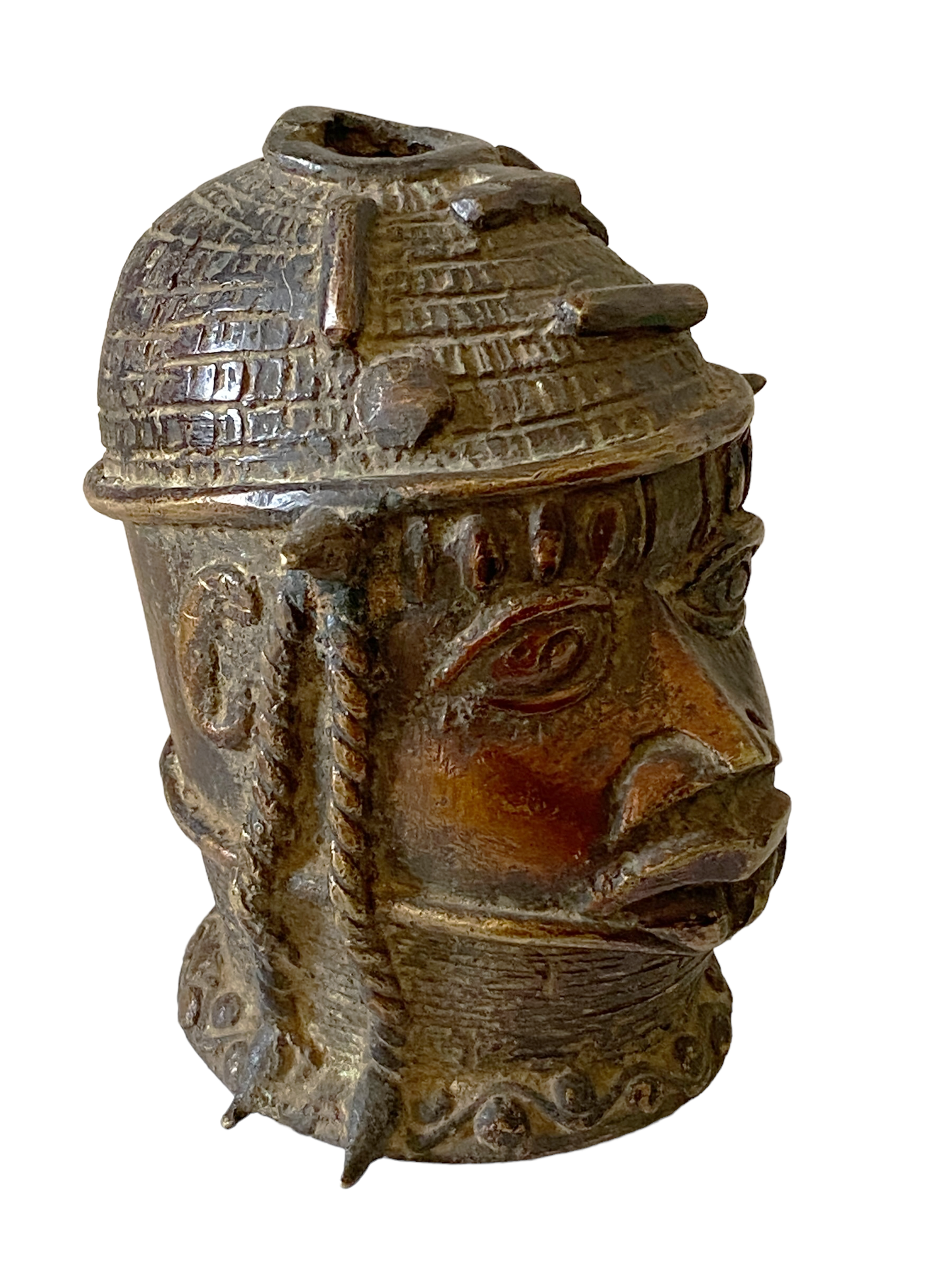 #8338 Stunning Old  Benin Bronze Brass Head of Oba Nigeria African 4.5"H