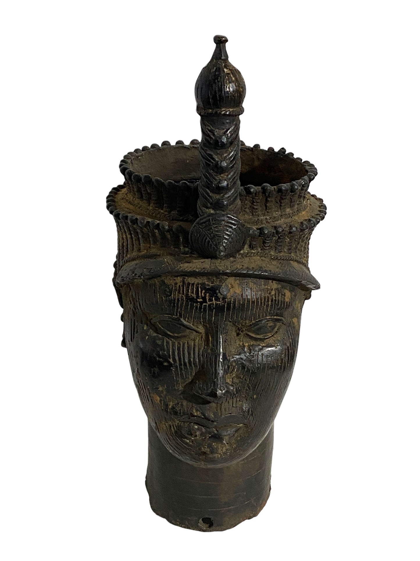 #5406 Superb Vintage Lg Benin Bronze Head of Oba Nigeria African 19" H