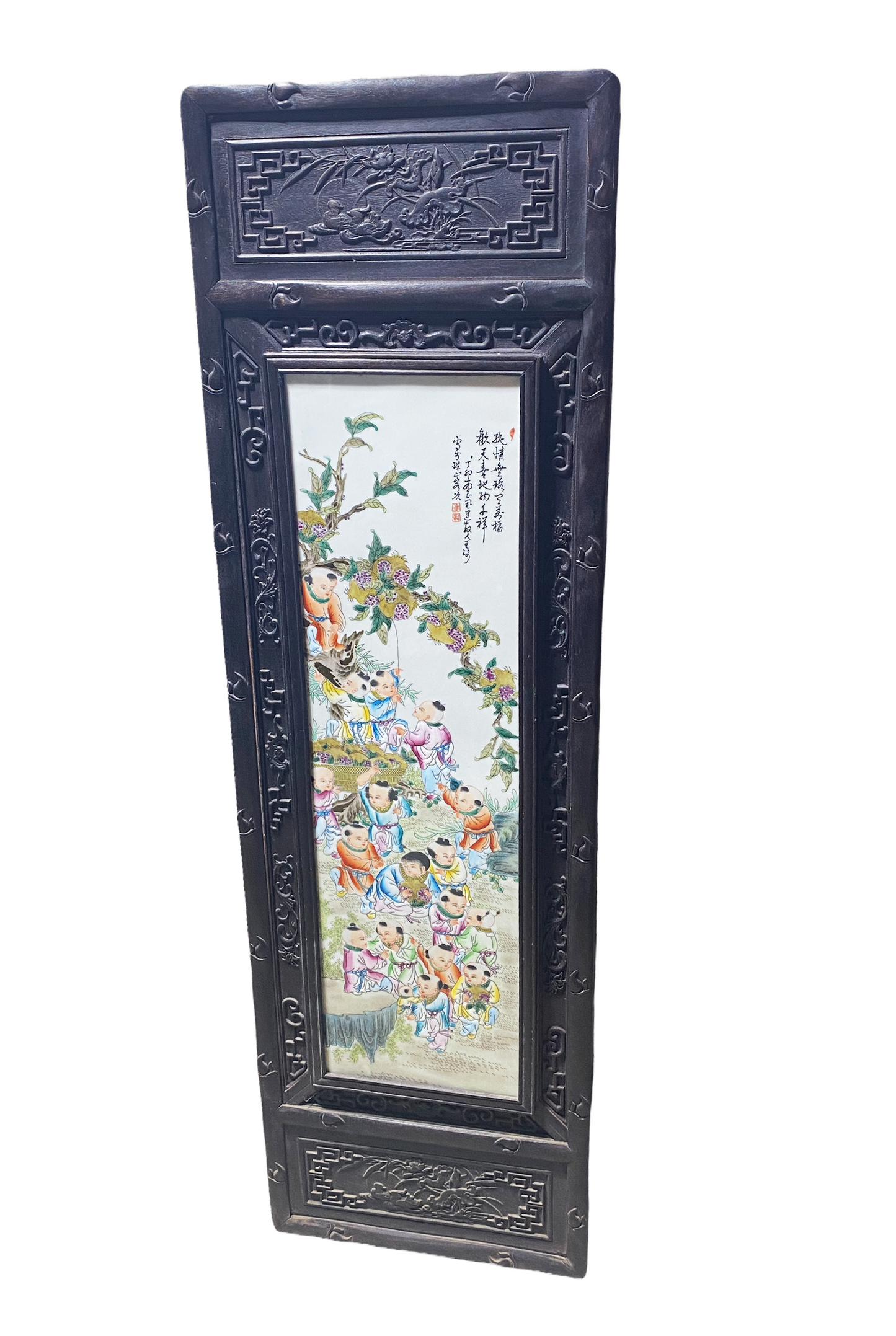 #4454  Superb LG Chinese  Famille Rose  Porcelain Wood Panel 49" H