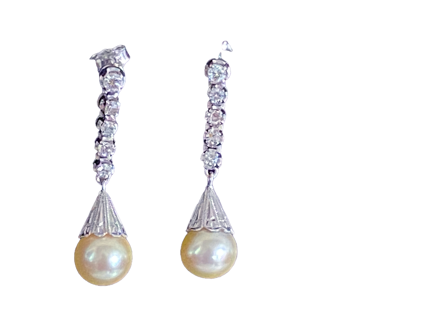 #4486 Ladies Cultured Pearl & Diamond Stud Dangle Earrings 14K White Gold