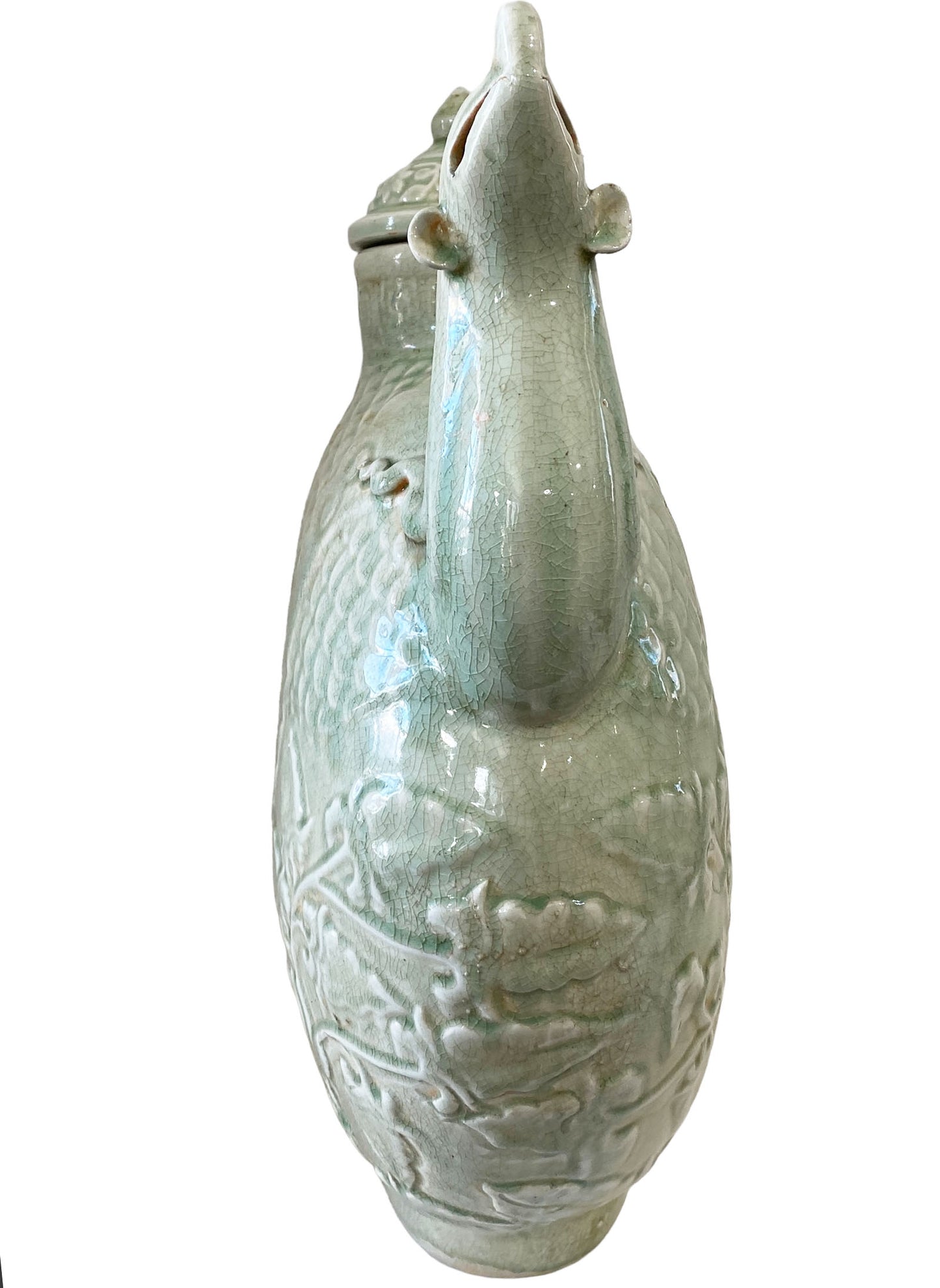 #5349 Chinoiserie Celadon Phoenix Birds Lidded Jar,  18.5" H