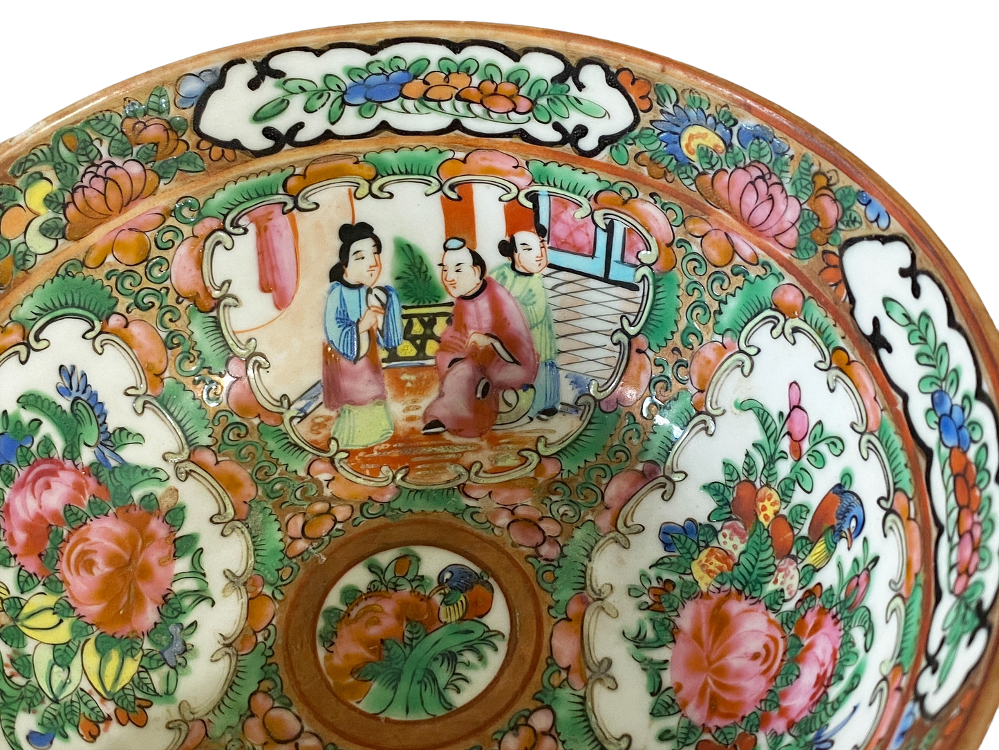 #4714 Antique Chinese Export Porcelain Rose Medallion Bowl 6" D