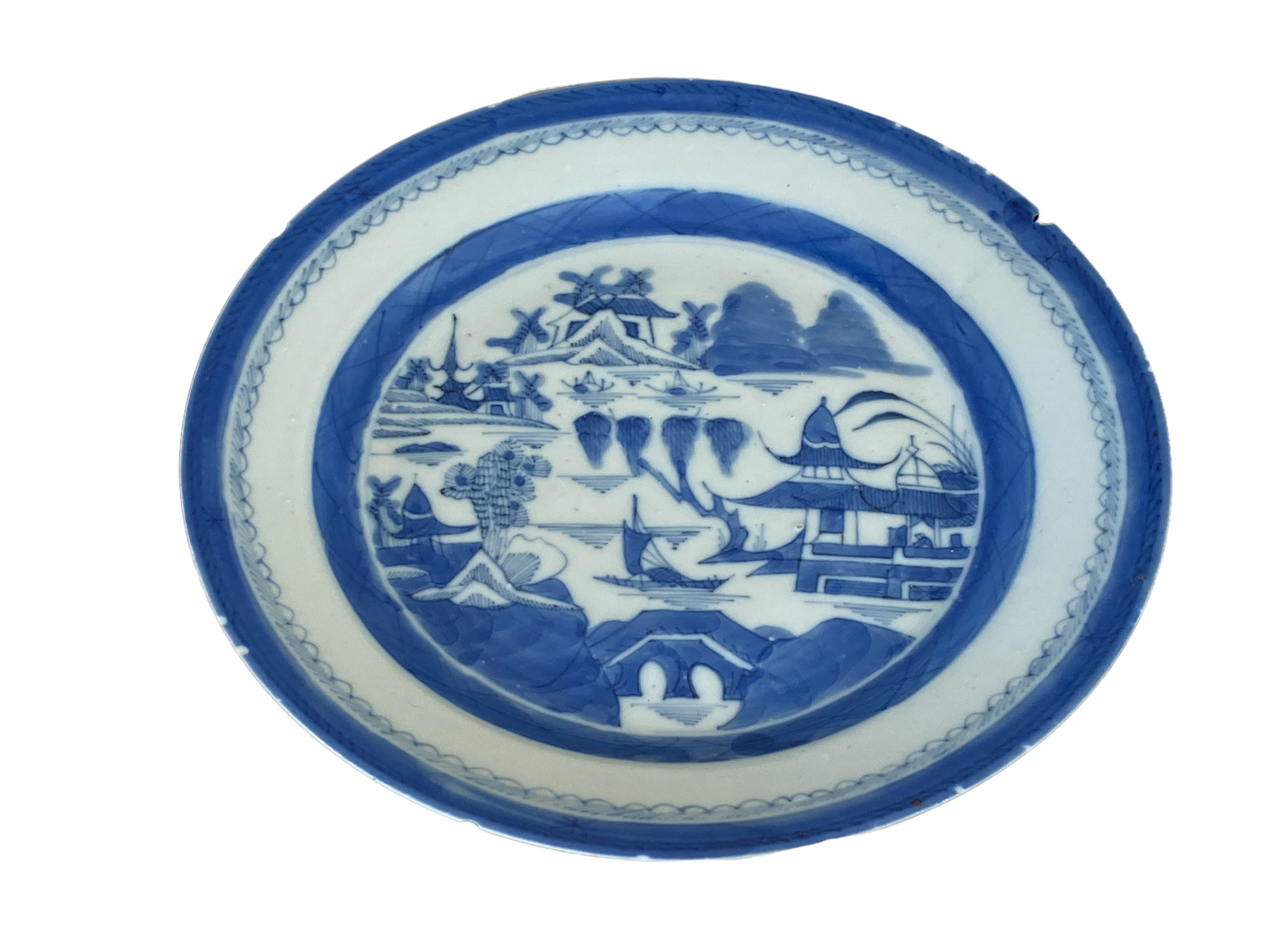 #3185 19th Century Chinese Canton Blue and White Porcelain Pagoda Motif Plate 8.5' D
