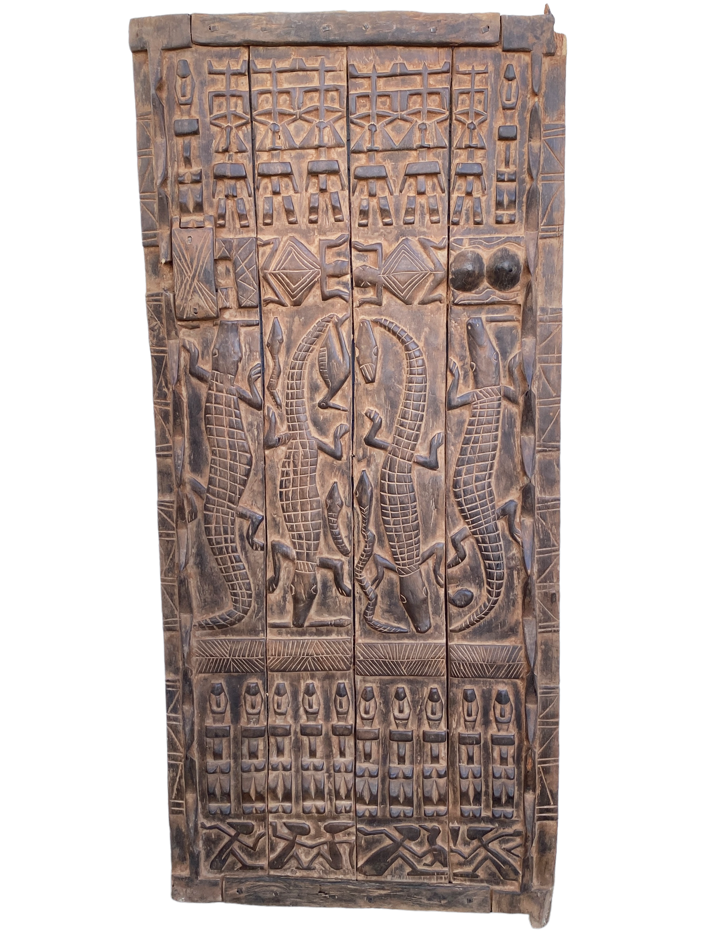# 5111 Superb Large Dogon Door w/Crocodiles/Ancestors Mali African 71" H