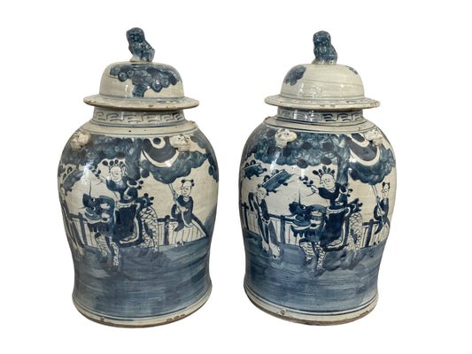 #207 Porcelain Lidded Blue & White Chinoiserie Ginger Jars - a Pair 18.5" H