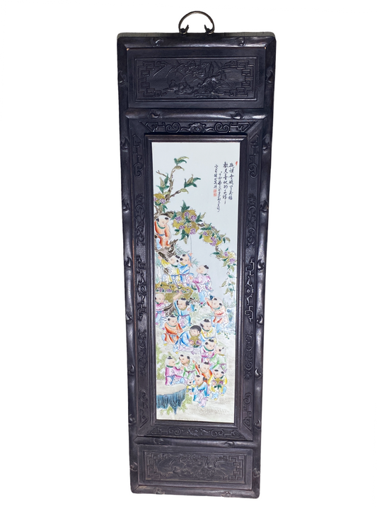 #4454  Superb LG Chinese  Famille Rose  Porcelain Wood Panel 49" H