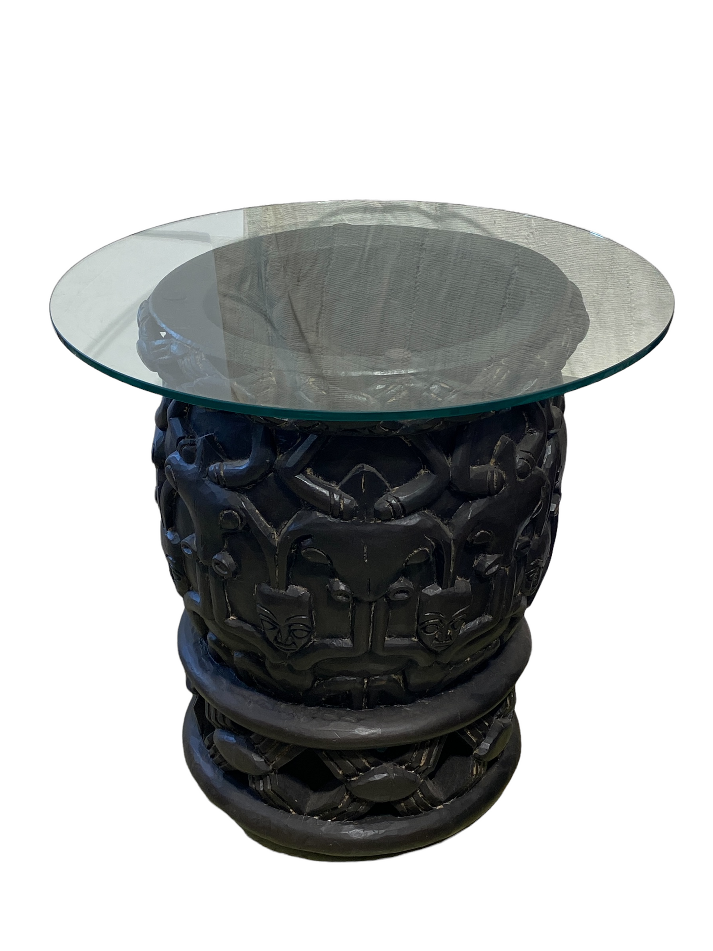#170 African Bamileke Side Table W /Glass Top Cameroon.