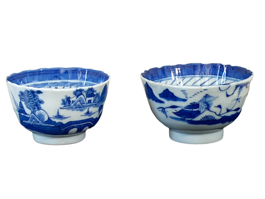 #4848 Antique Blue & White Canton Pagoda Pattern Tea Cups S/2