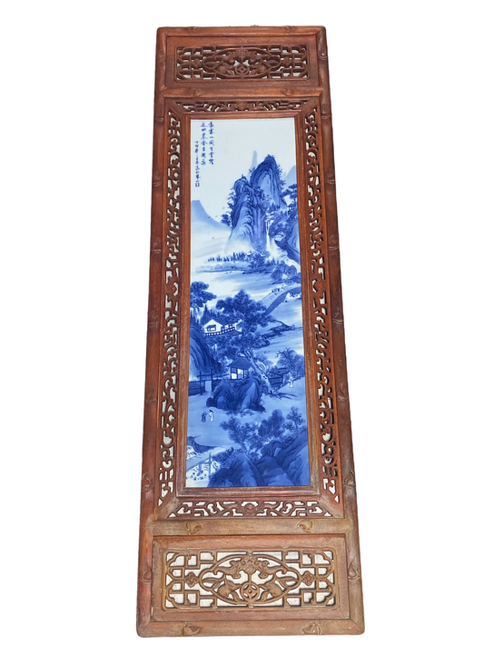 #4453  Superb LG Chinese  Blue and White Porcelain Wood Panel 49.25" H