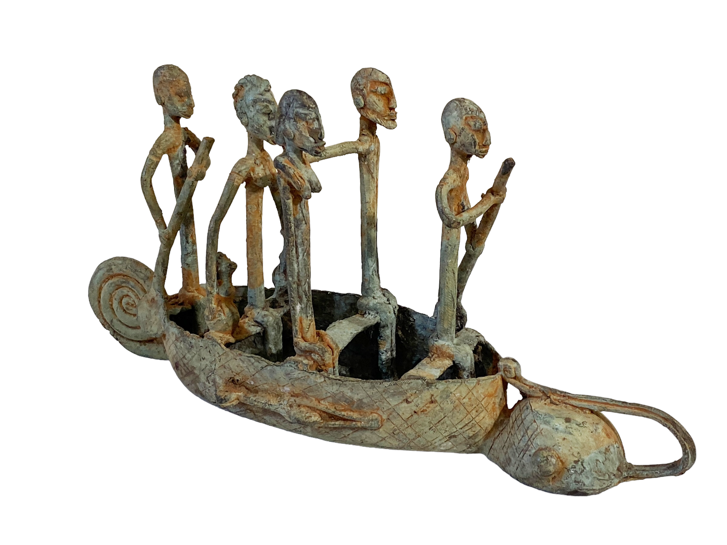 #4900 Dogon Bronze  Chameleon Pirogue /boat  W/ figures , Mali.