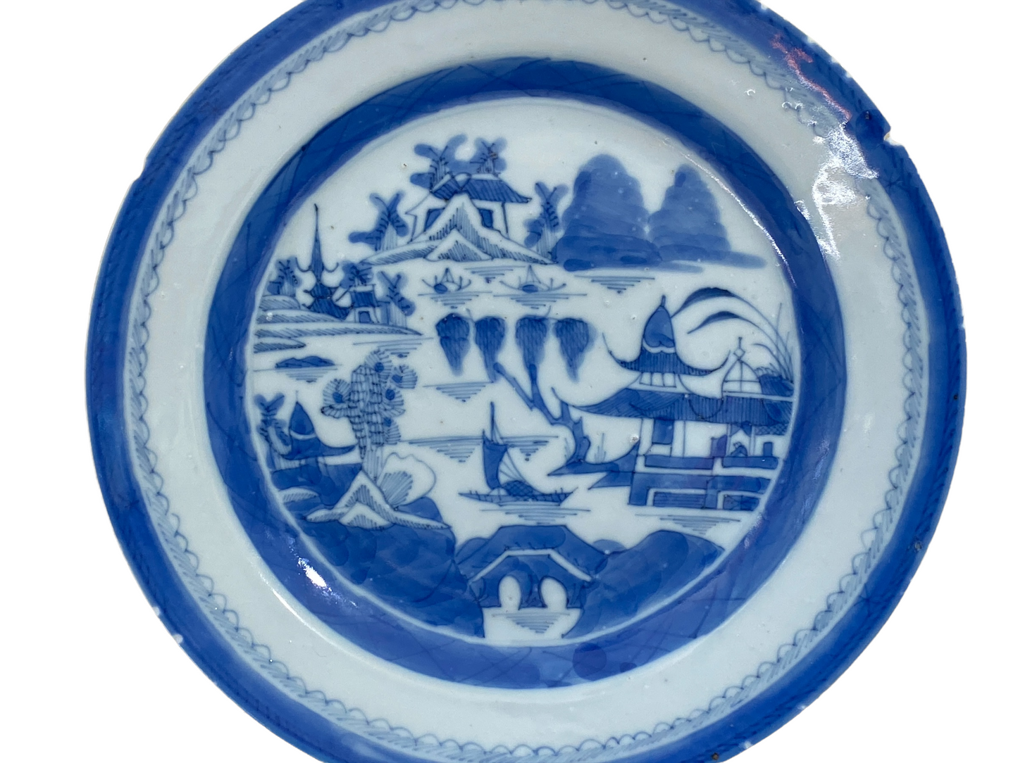 #3185 19th Century Chinese Canton Blue and White Porcelain Pagoda Motif Plate 8.5' D