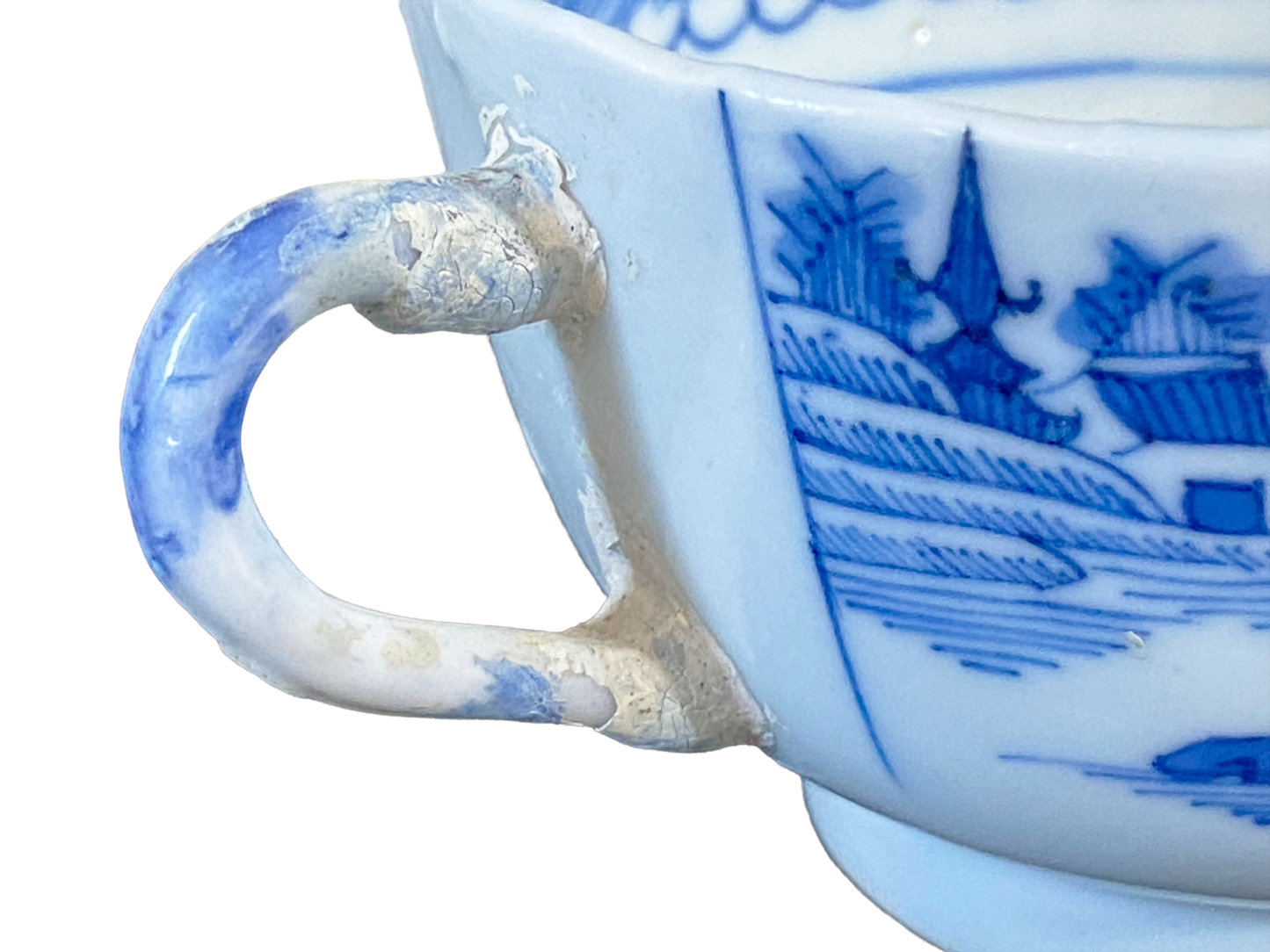 #4848 Antique Blue & White Canton Pagoda Pattern Tea Cups S/2