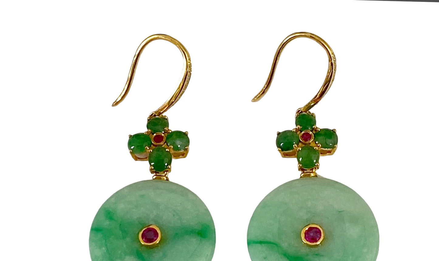 #386 Superb  18k Gold Jadeite Jade art Deco Earrings w/Rubi /Diamond