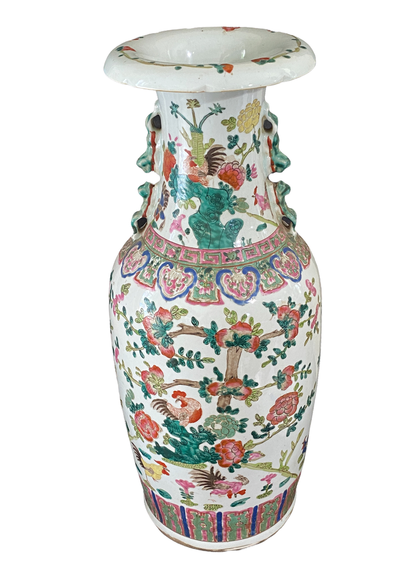#264/ Chinoiserie Famille Verte Porcelain Vase W/Rooster.23.5" H