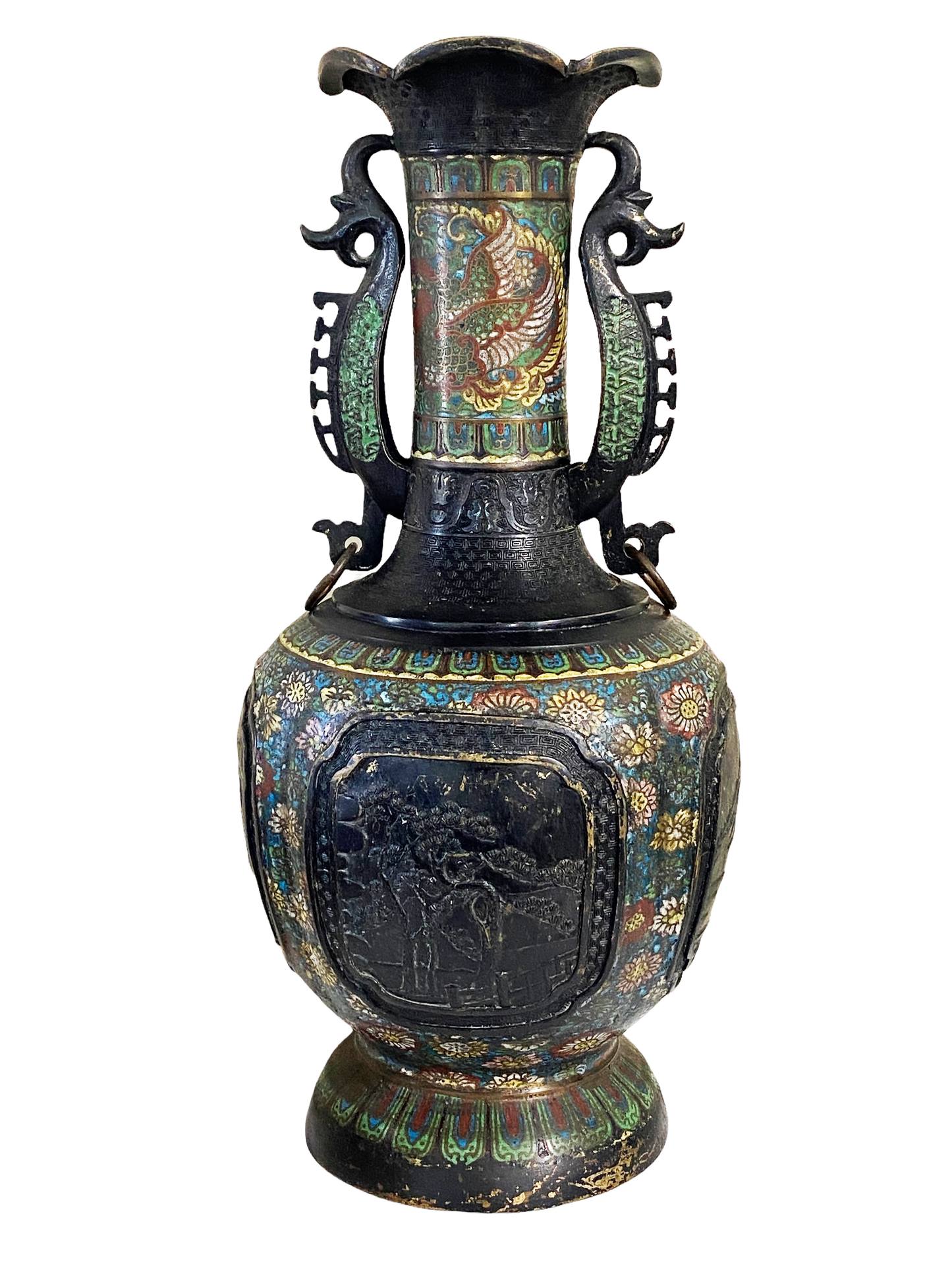#4690 Superb 19th c Asian Enamel Bronze Vase W/ Four Seasons  24" H