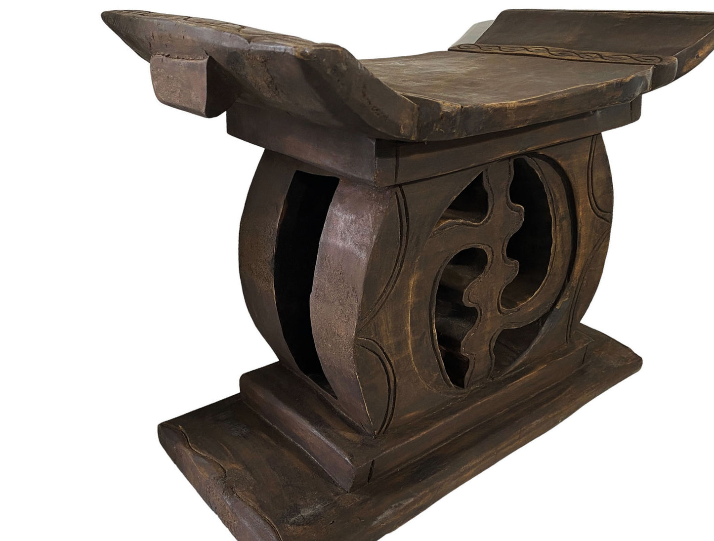 #5289 Superb Vintage  Royalty  Ashanti Carved Wood  Stool 24" W by 18" H