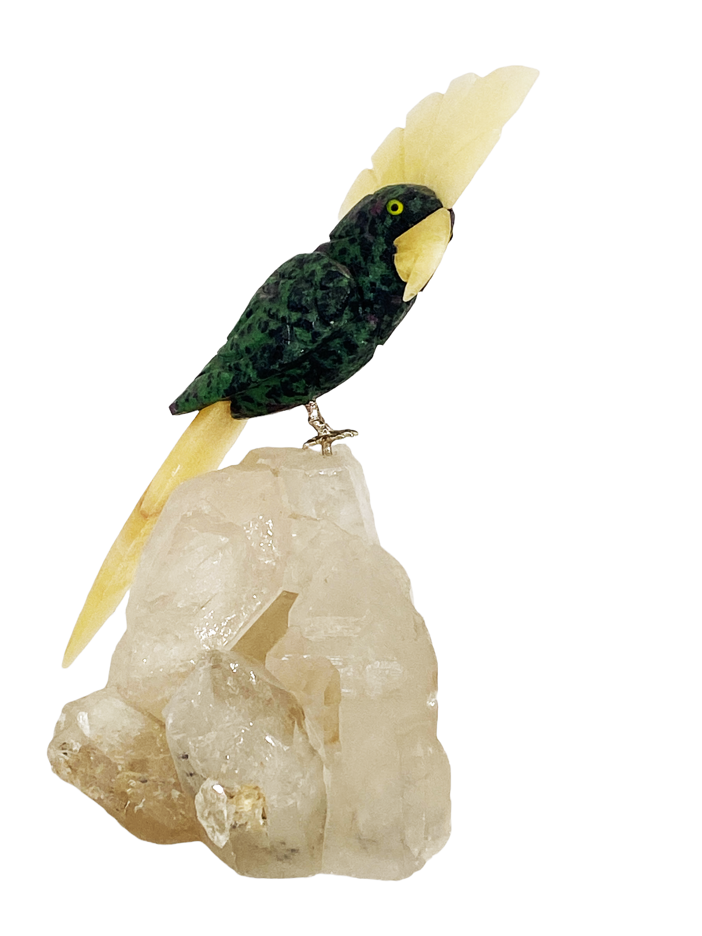 #4165Vintage Realistic Brazilian Aventurine Parrot W/Druze Quartz Base