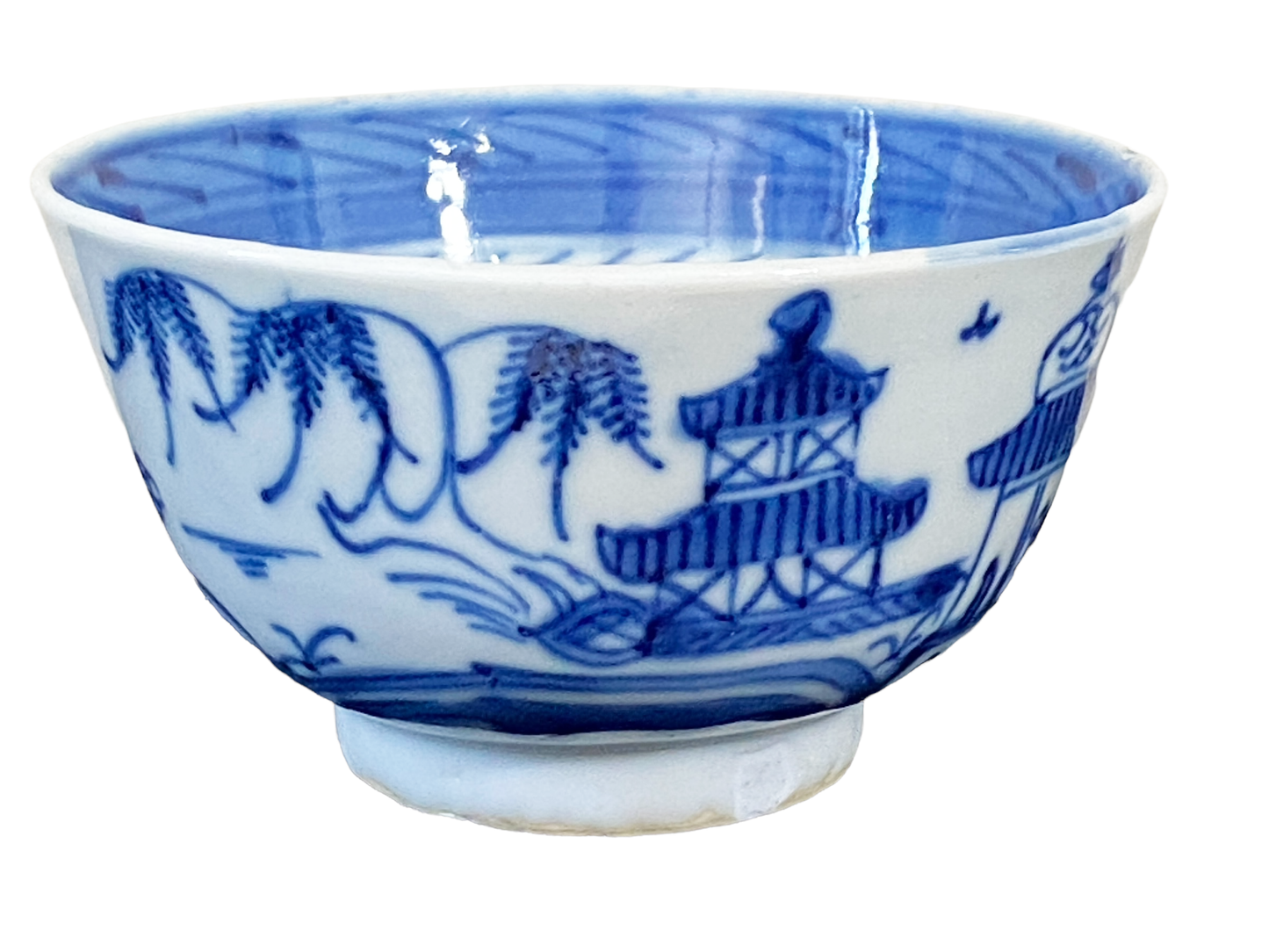 19th C Chinese Canton Blue and White Porcelain Pagoda Motif Bowl 3.75" D