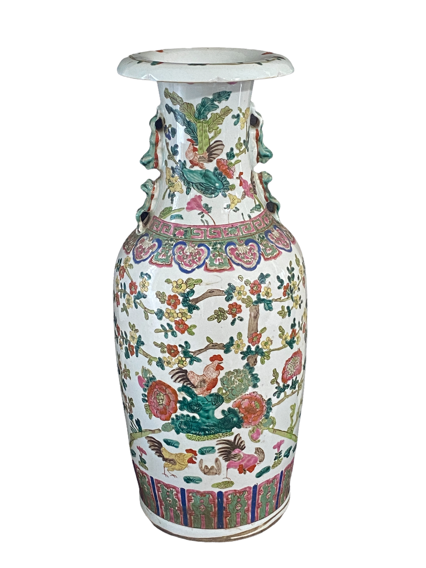 #264/ Chinoiserie Famille Verte Porcelain Vase W/Rooster.23.5" H