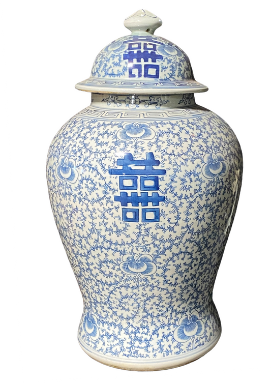 #3985 Chinese B & W Porcelain Double Happiness Jar,  20" H