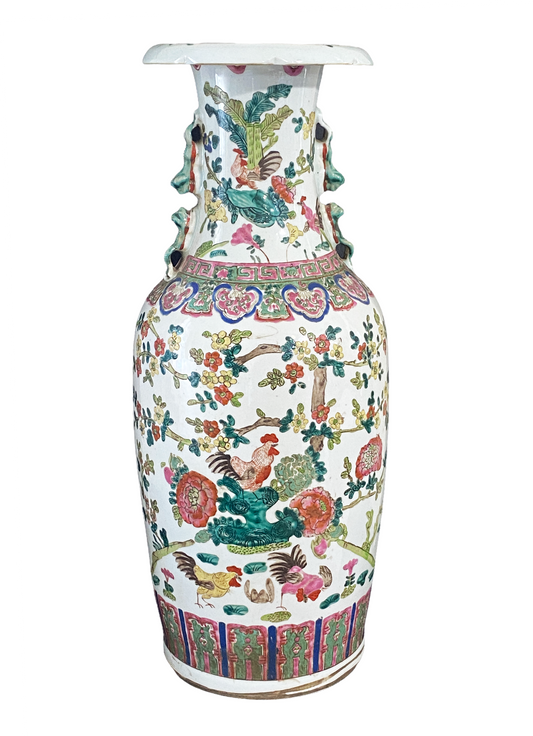 #264/ Chinoiserie Famille Verte Porcelain Vase W/Rooster.23.5" H