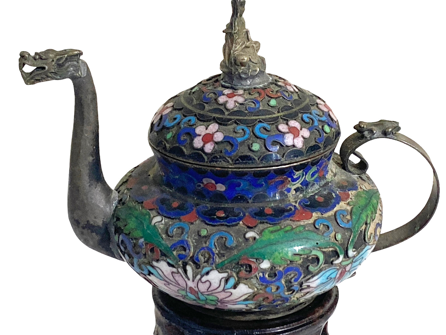 #4613  Chinese Cloisonné Miniature Tea Pot on Stand 4.5" H