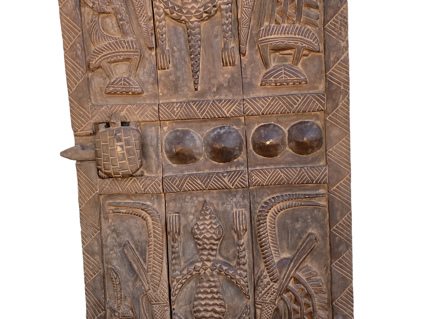 #4464 African LG Dogon Granary Wooden Door With  Chiwaras & Crocodiles 75" H