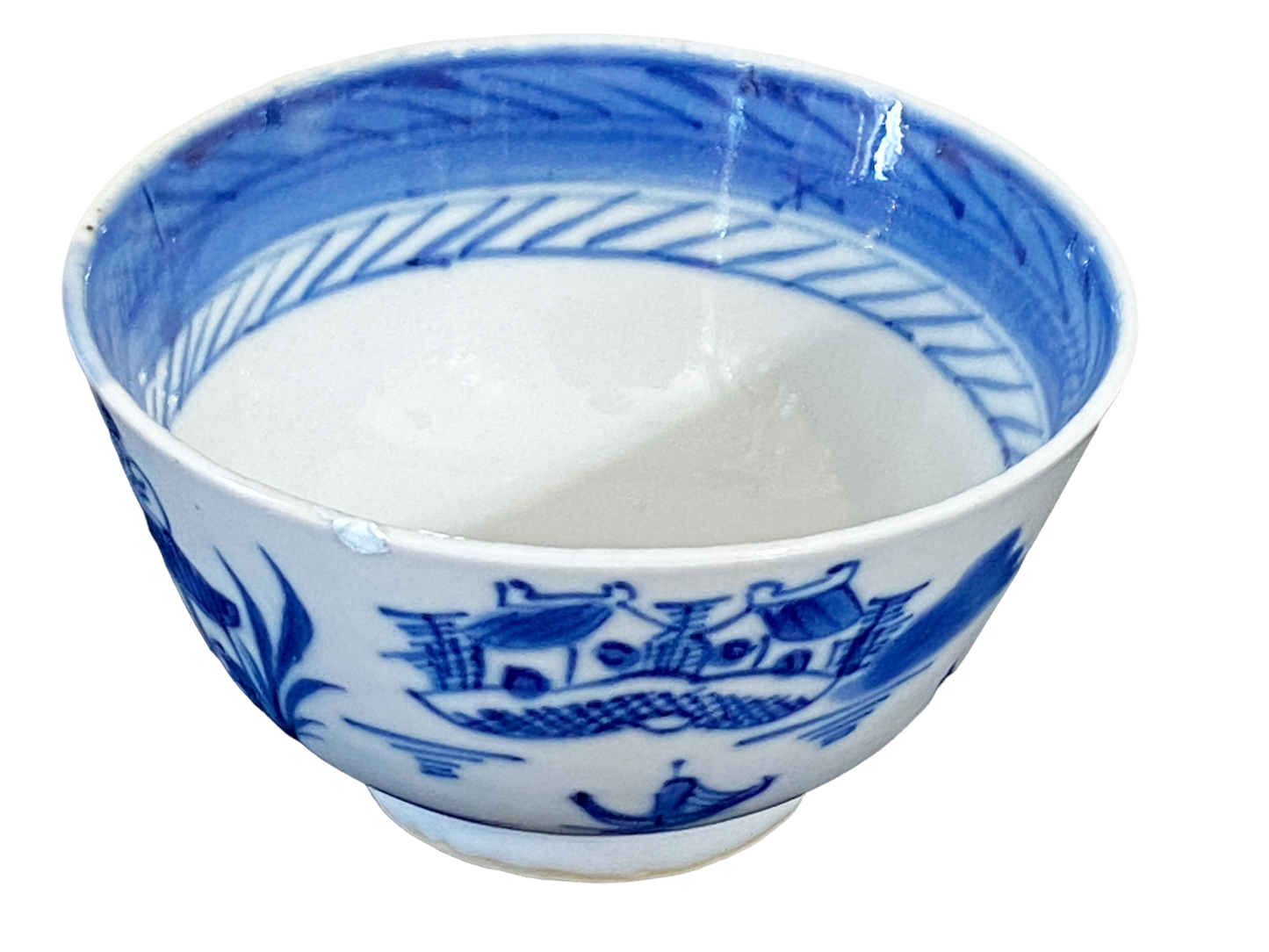 19th C Chinese Canton Blue and White Porcelain Pagoda Motif Bowl 3.75" D