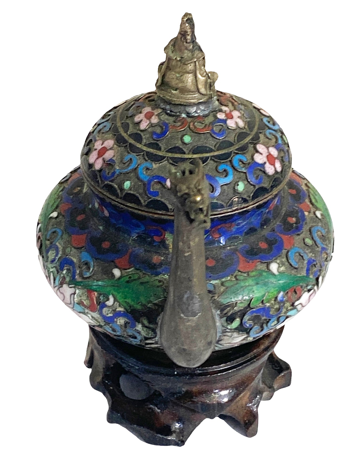 #4613  Chinese Cloisonné Miniature Tea Pot on Stand 4.5" H