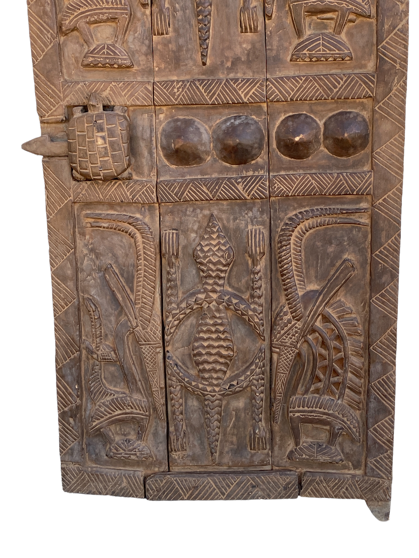 #4464 African LG Dogon Granary Wooden Door With  Chiwaras & Crocodiles 75" H