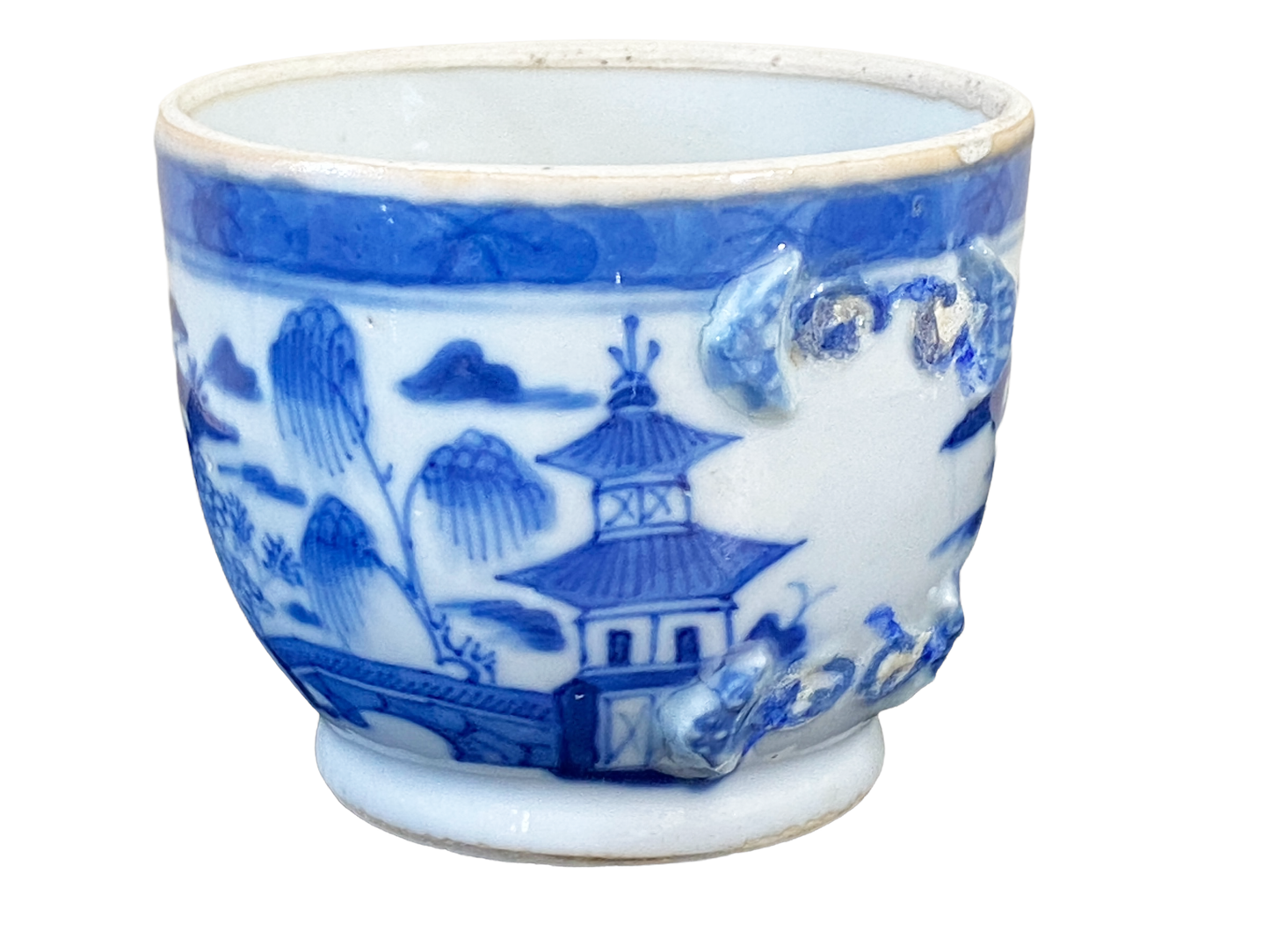 #4846 Antique Blue & White Canton Pagoda Motif Tea  Cup