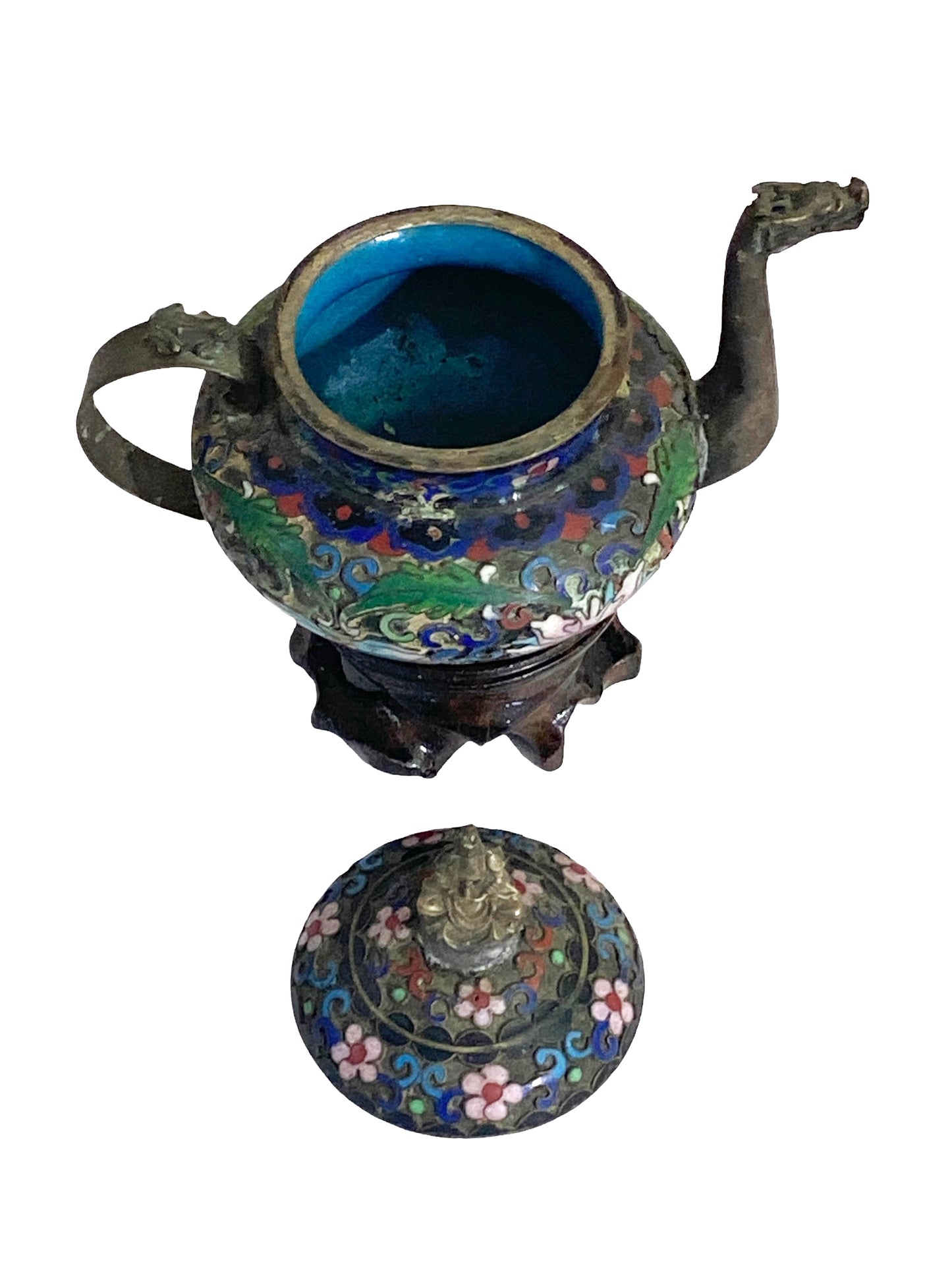 #4613  Chinese Cloisonné Miniature Tea Pot on Stand 4.5" H