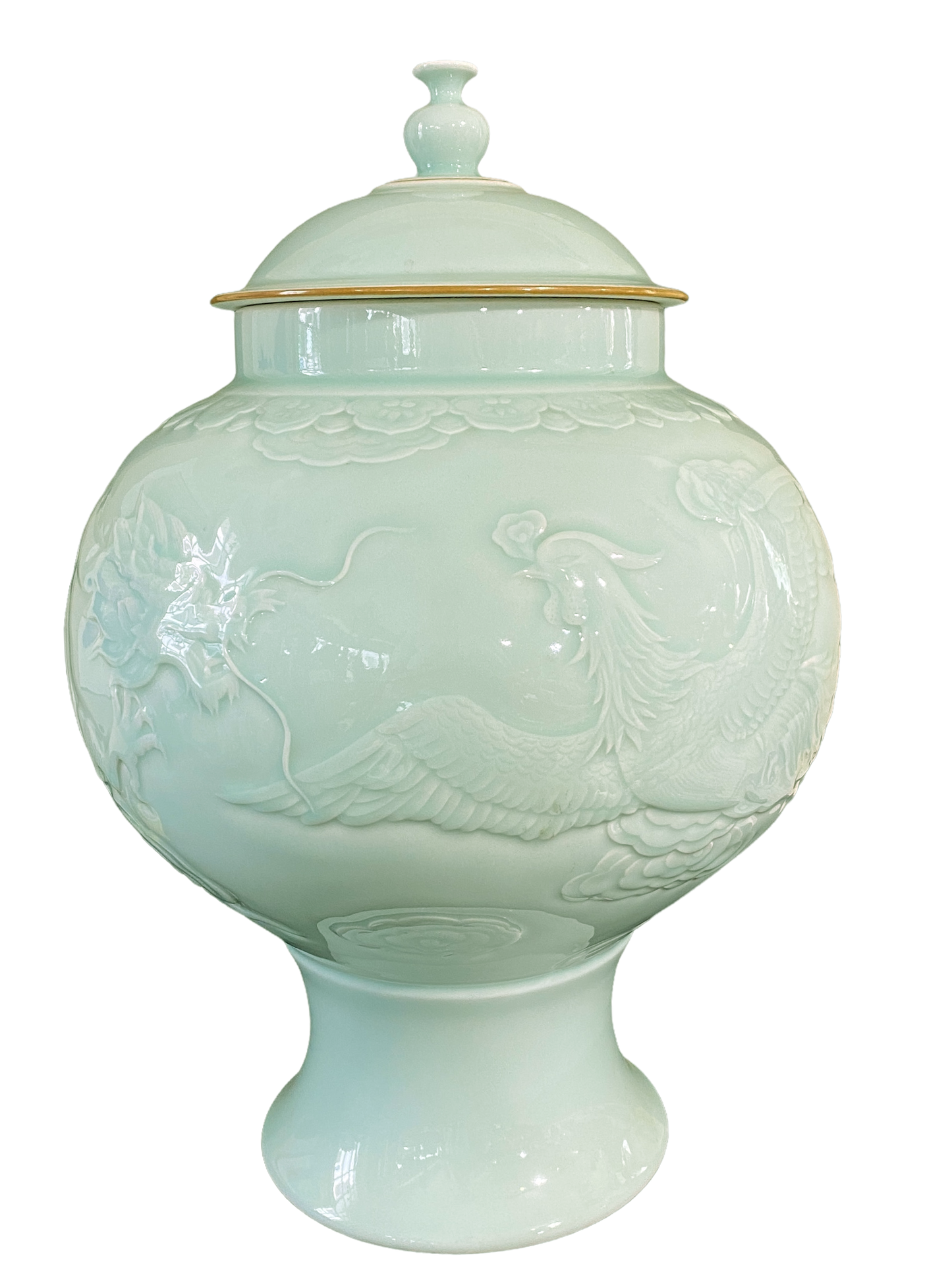 #993 Chinoiserie Porcelain Celadon Glaze Lidded Ginger Jar  19.5" H .