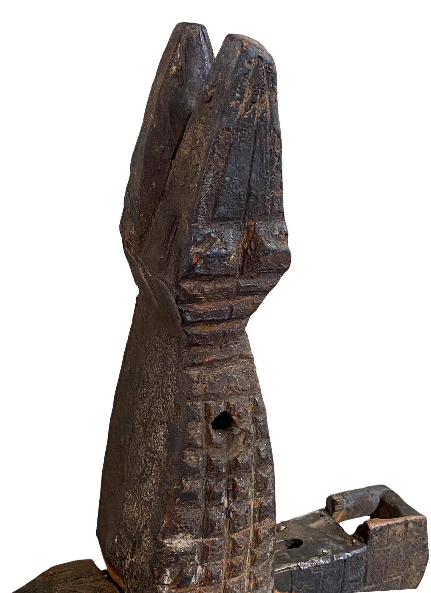 #4729 Old African Dogon Crocodile Lock on Stand Mali 21.5" H