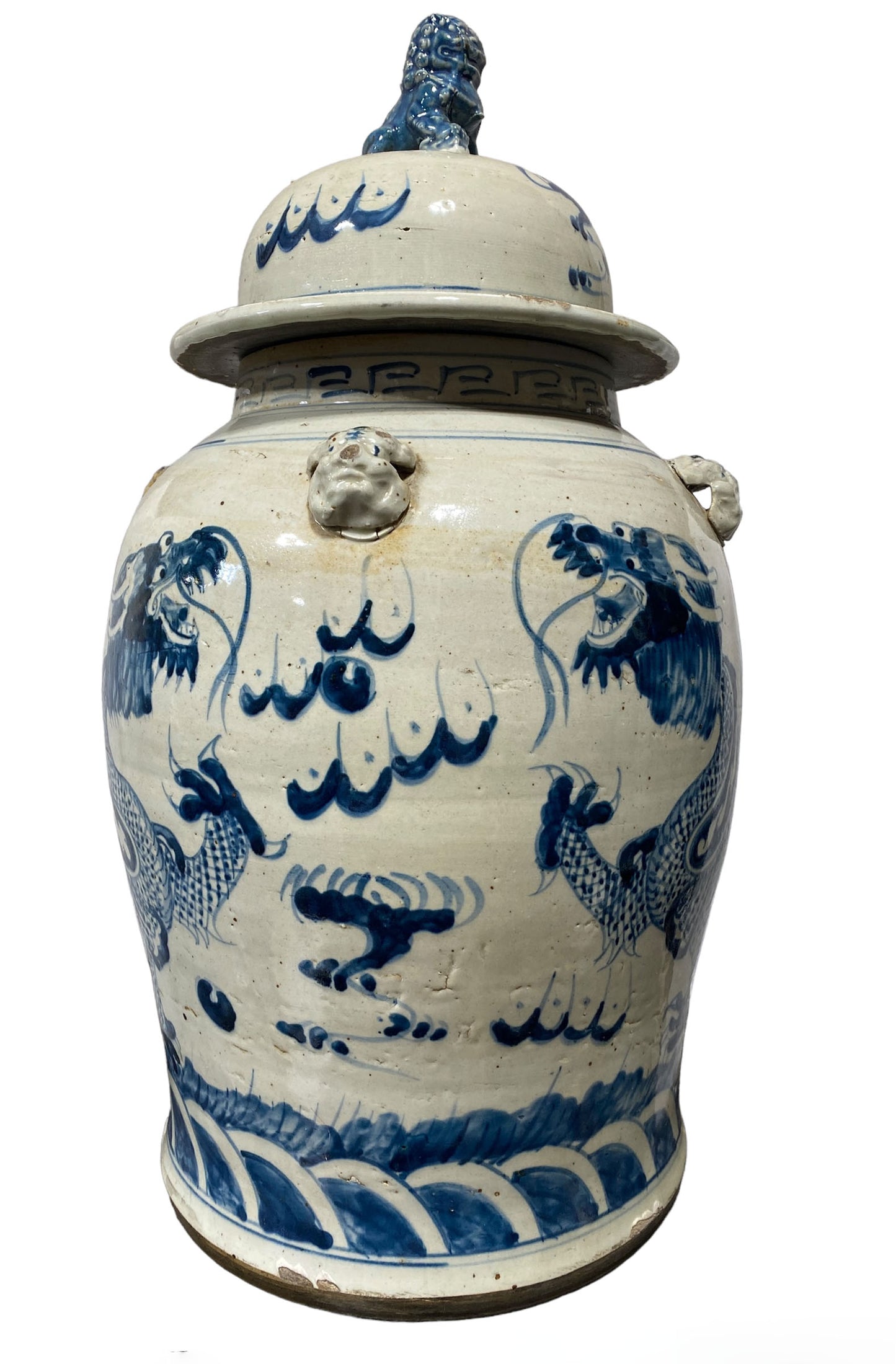 #3163 Lg Chinoiserie Blue & White Porcelain Dragons Ginger Jar, 24" H