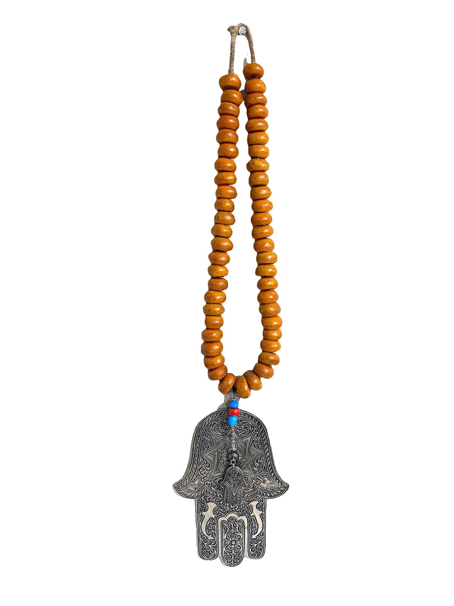 #4557 Amber necklace W / Moroccan Silver Hamsa / Hand Of Fatima 30.5" H