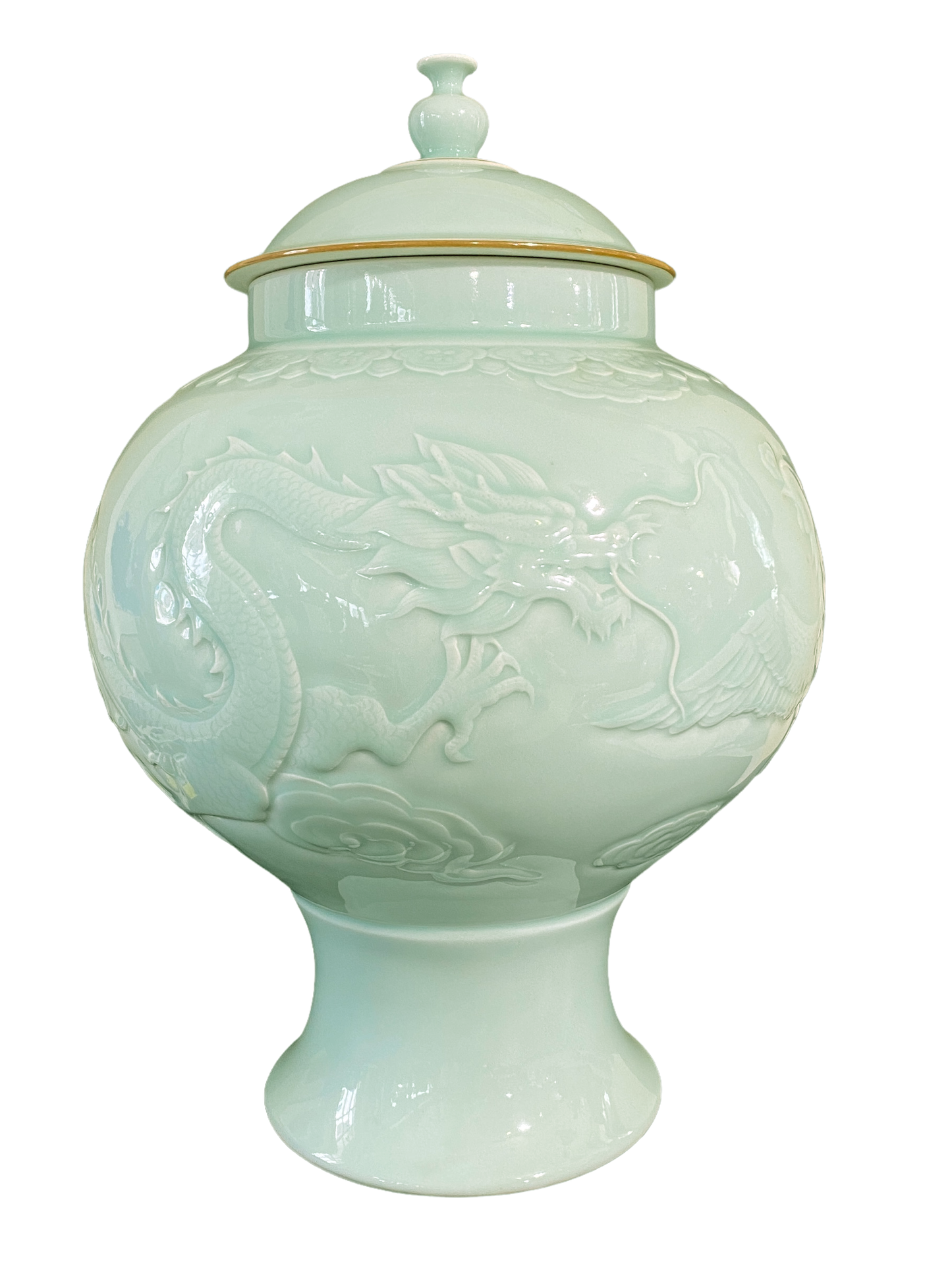 #993 Chinoiserie Porcelain Celadon Glaze Lidded Ginger Jar  19.5" H .