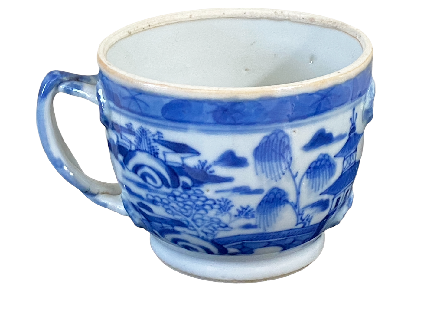 #4846 Antique Blue & White Canton Pagoda Motif Tea  Cup