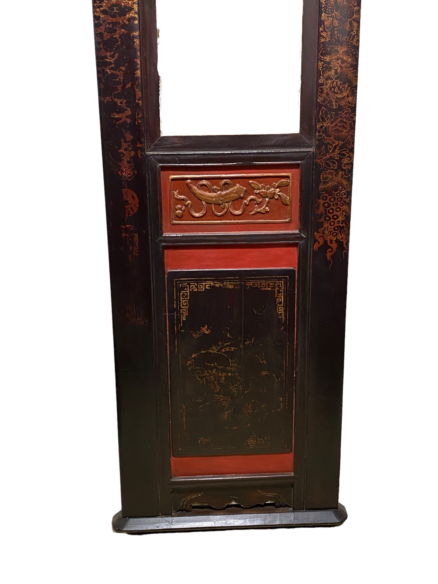 #5055 Large Antique Chinoiserie Lacquer Wood  Panel With Mirror  78.5" H