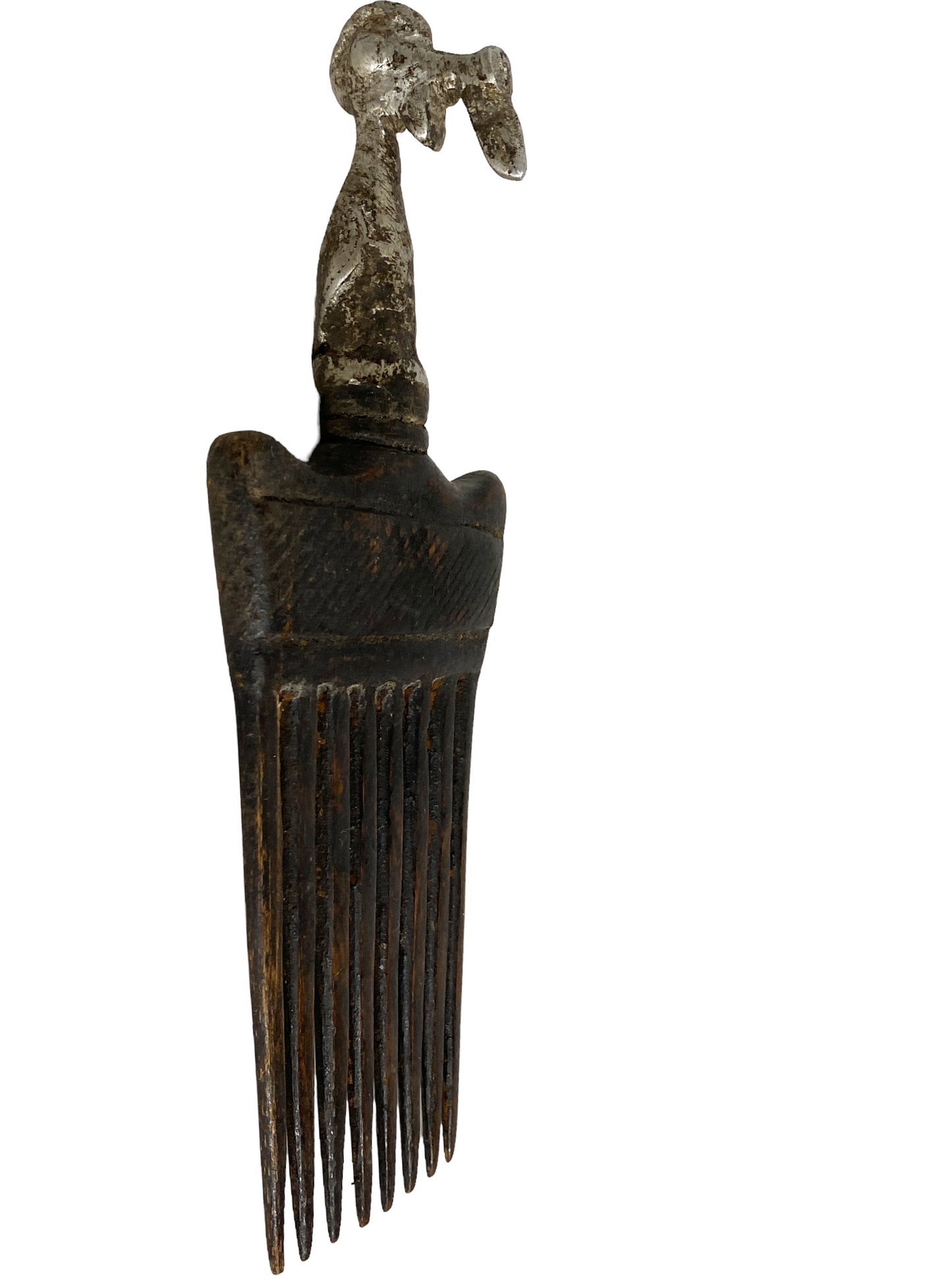 #915 African Baule I.Coast Comb W/ Aluminum  Bird Head Sculpture 7.75 " h