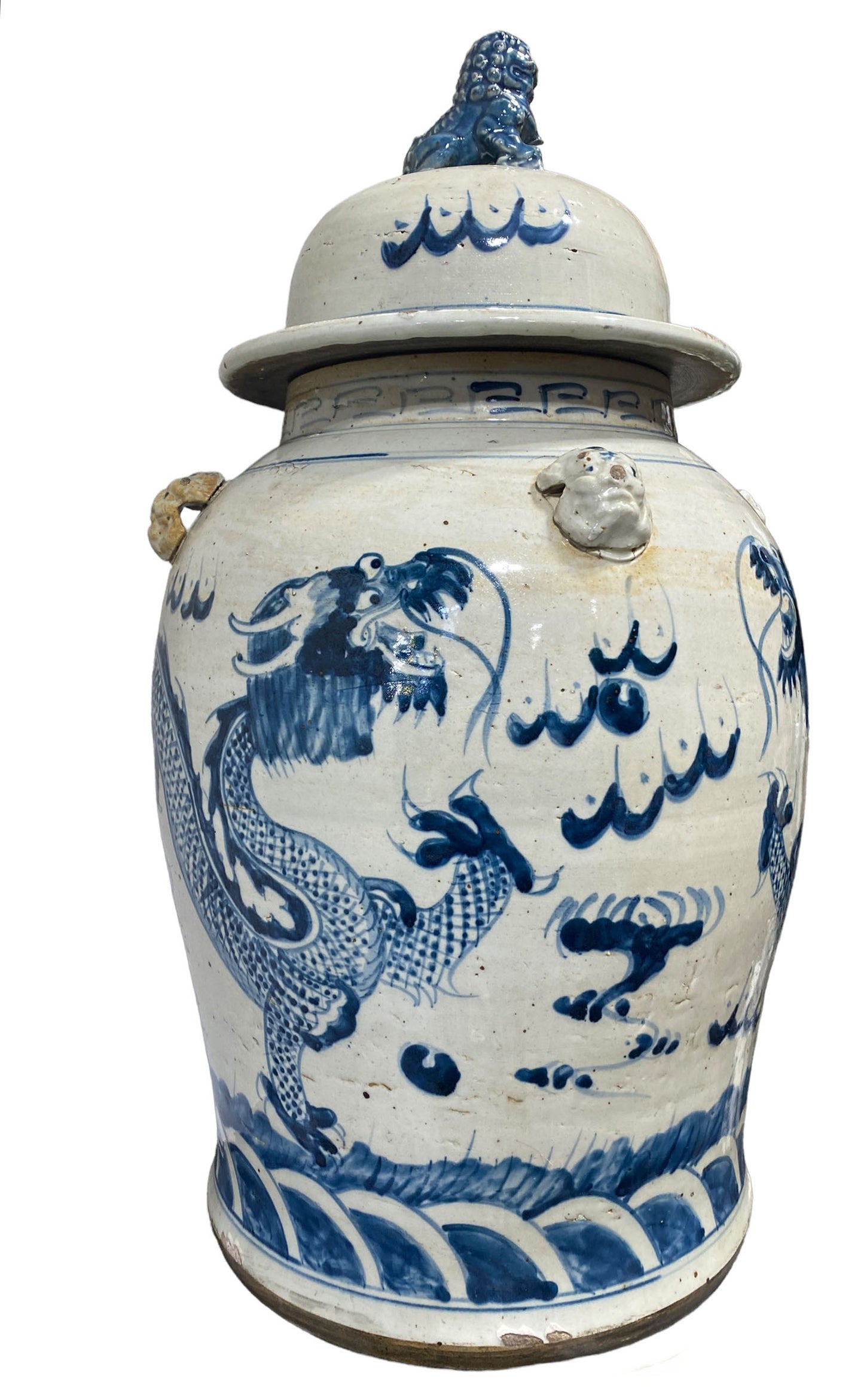 #3163 Lg Chinoiserie Blue & White Porcelain Dragons Ginger Jar, 24" H