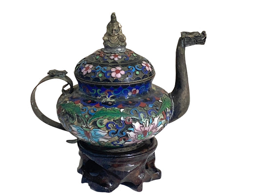 #4613  Chinese Cloisonné Miniature Tea Pot on Stand 4.5" H