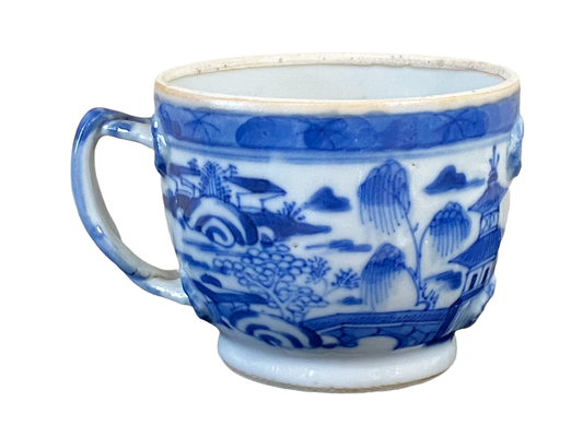 #4846 Antique Blue & White Canton Pagoda Motif Tea  Cup