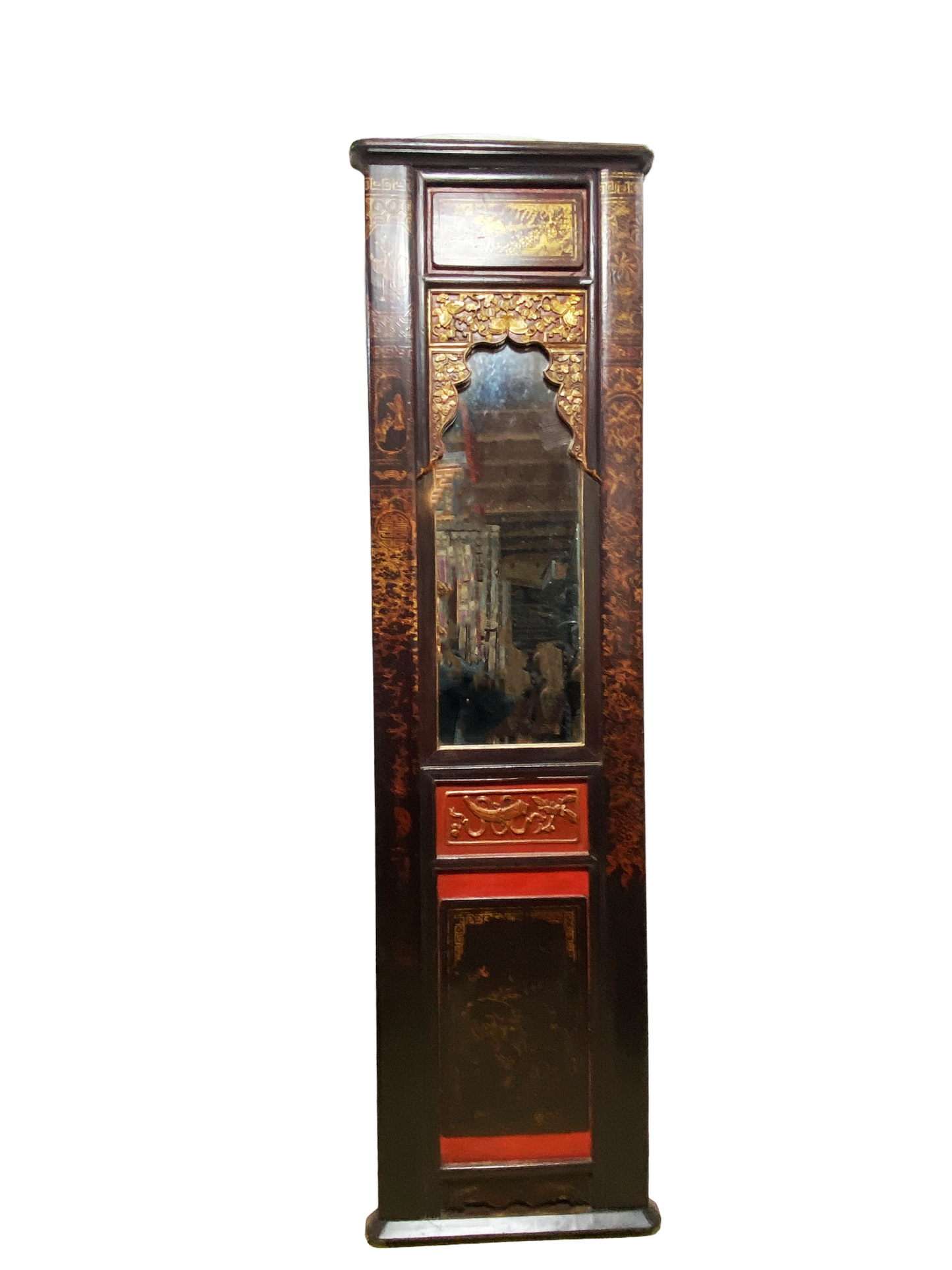 #5055 Large Antique Chinoiserie Lacquer Wood  Panel With Mirror  78.5" H