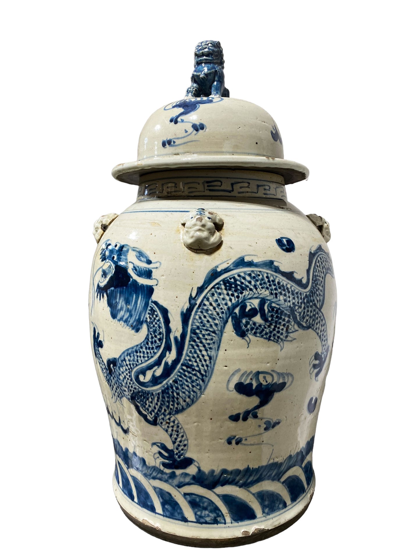 #3163 Lg Chinoiserie Blue & White Porcelain Dragons Ginger Jar, 24" H