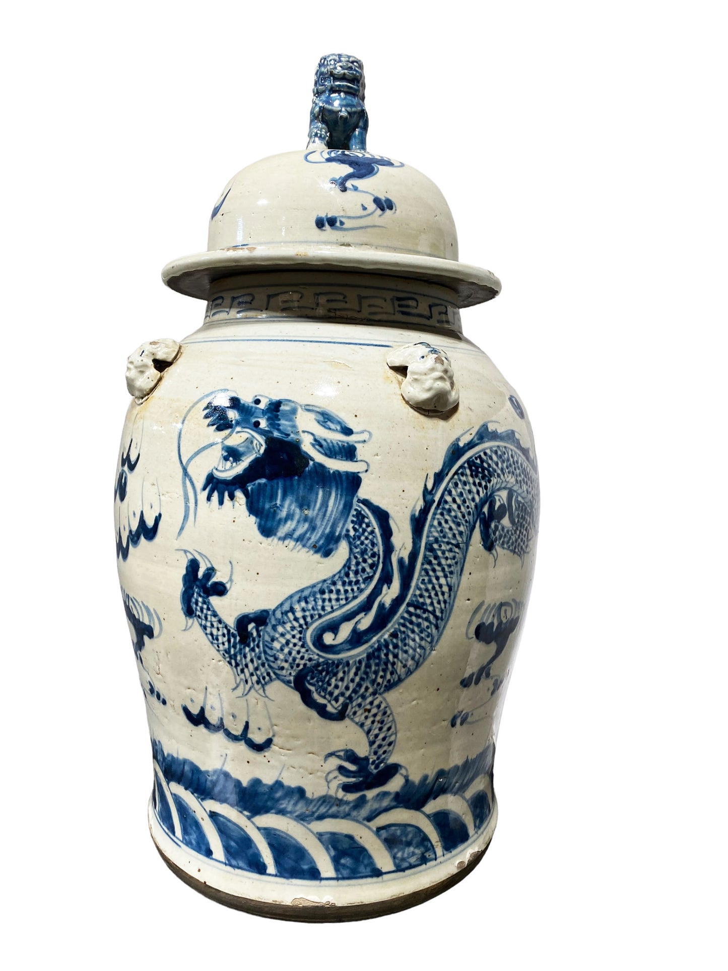 #3163 Lg Chinoiserie Blue & White Porcelain Dragons Ginger Jar, 24" H