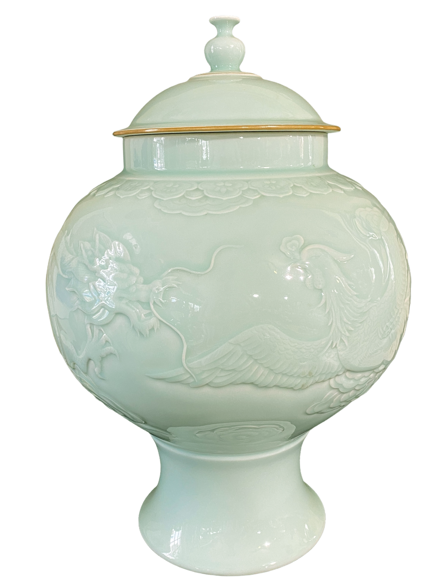 #993 Chinoiserie Porcelain Celadon Glaze Lidded Ginger Jar  19.5" H .