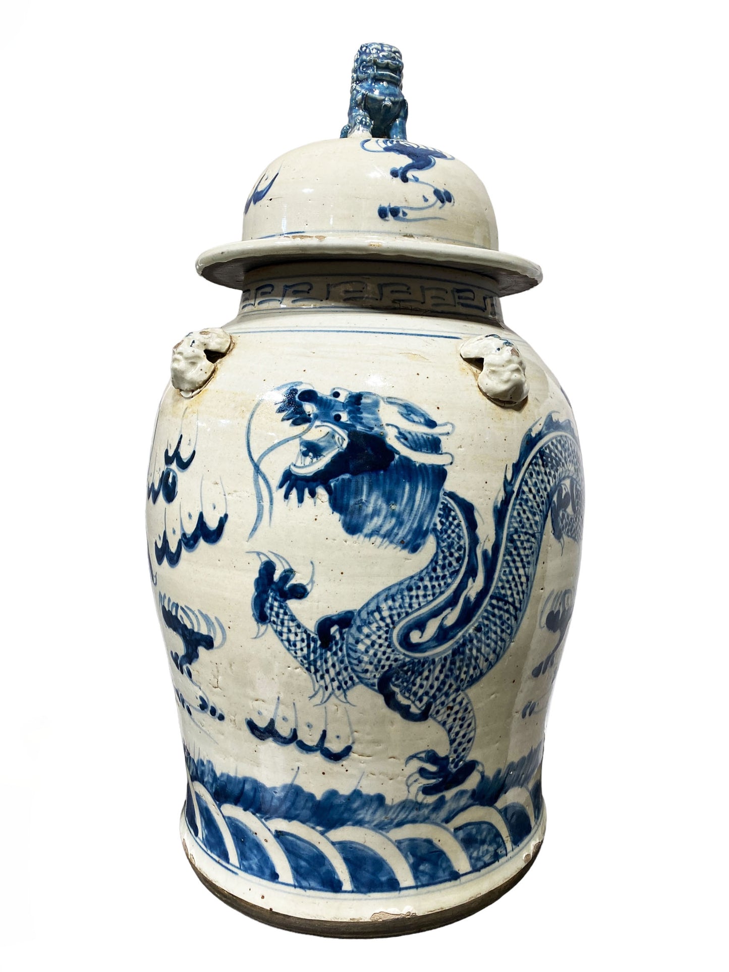 #3163 Lg Chinoiserie Blue & White Porcelain Dragons Ginger Jar, 24" H