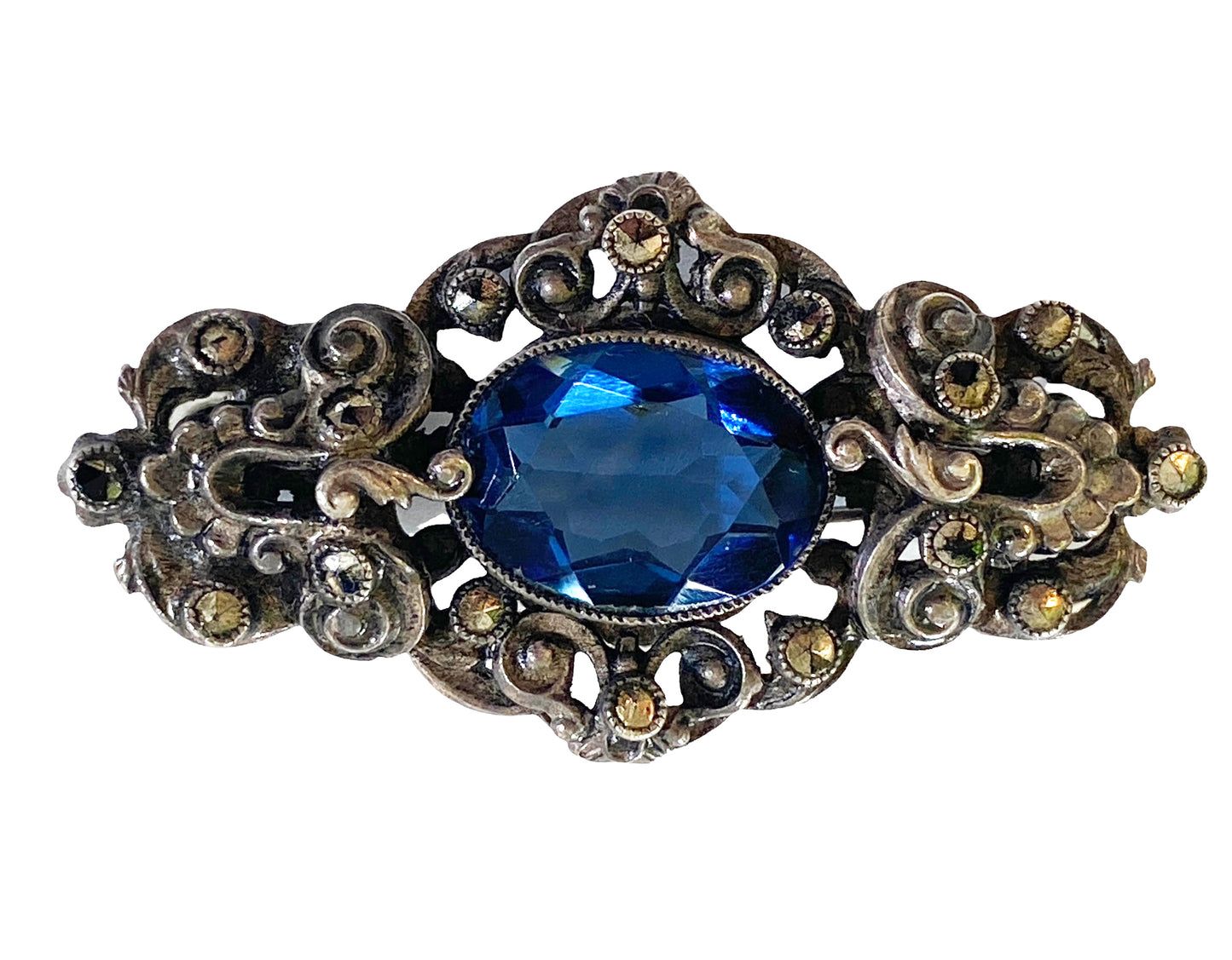 #4573 Vintage  Brooch Bar Pin Marcasite &  Silver Glass Blue Stone
